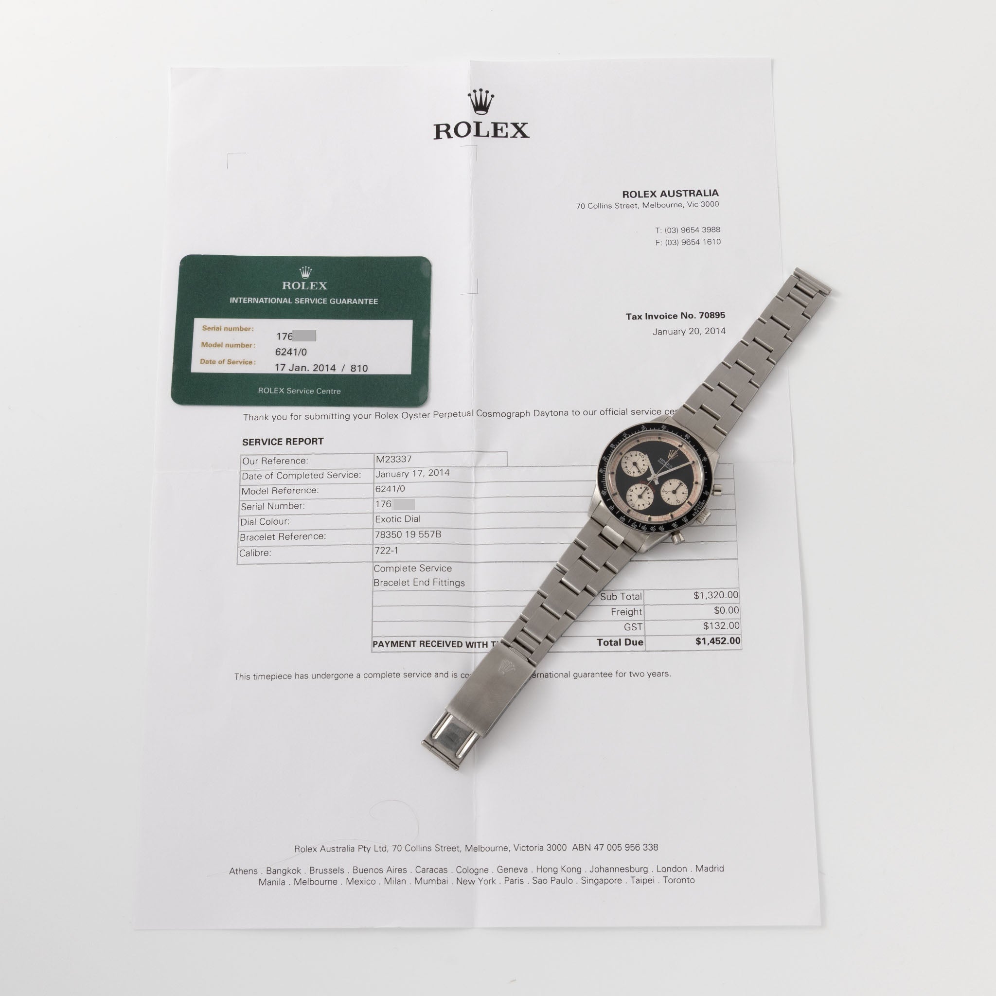 Rolex Cosmograph Daytona 6241 Black Tri-Color exotic dial with Rolex service papers