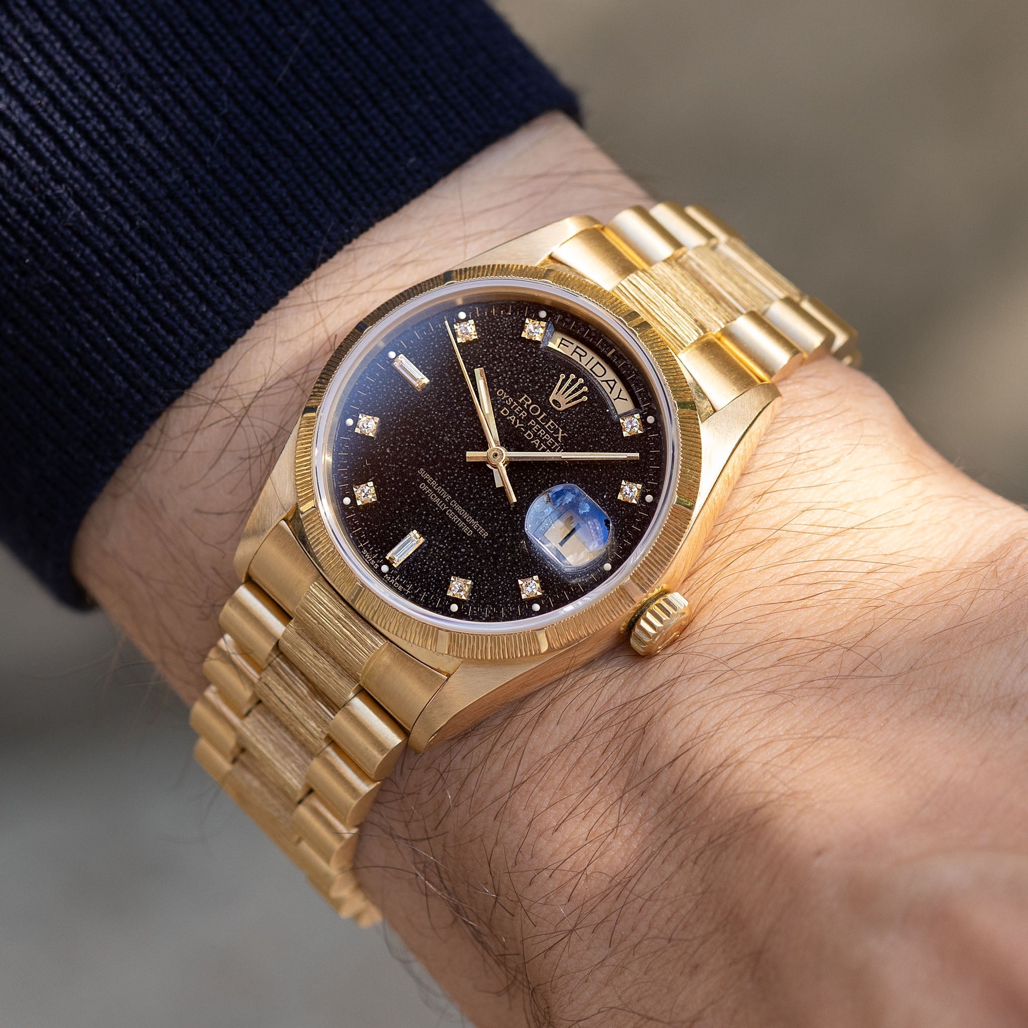 Rolex Day-Date Black Diamond "Stingray Patina" Dial Bark Finish Box and Paper Set Ref. 18078