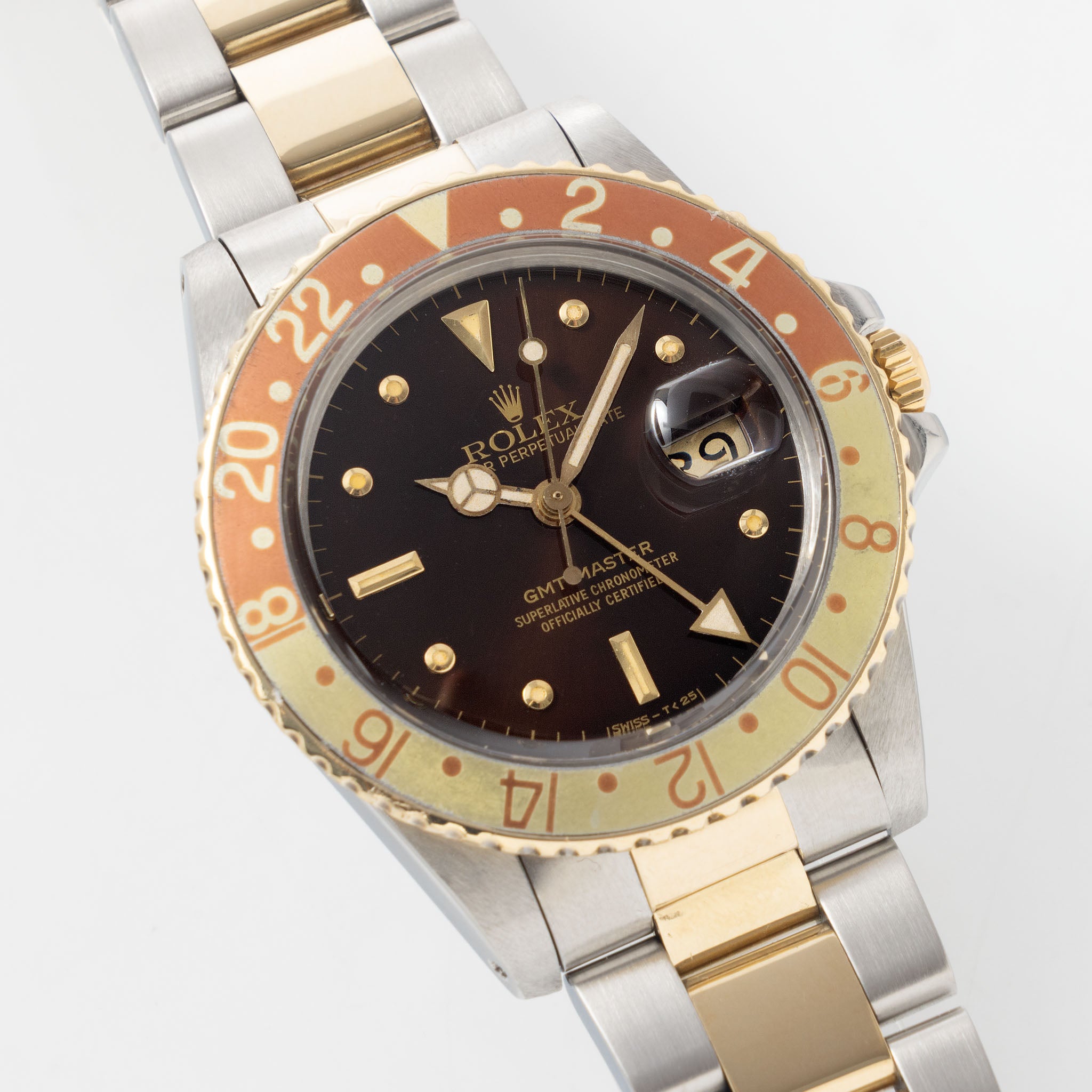 Rolex Gmt-master steel and gold Brown nipple dial box and punched paper set ref 16753
