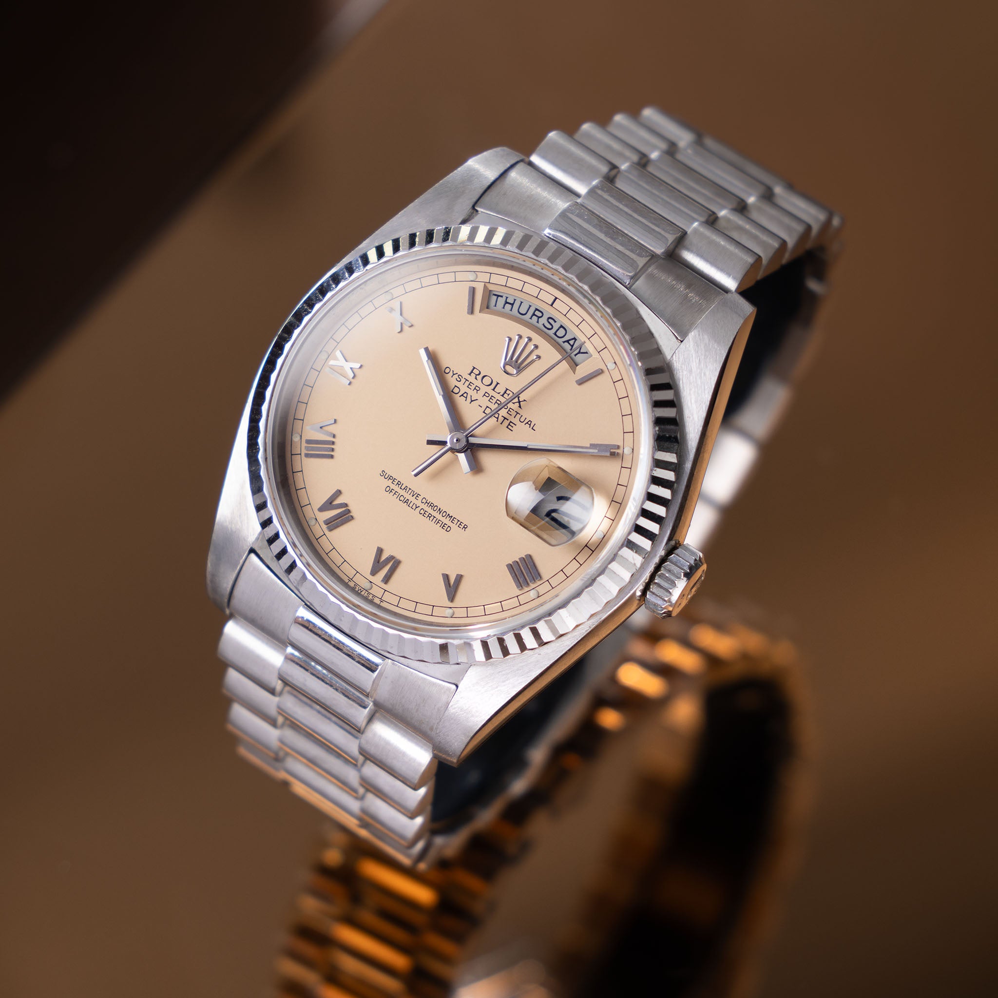 Rolex Day-Date 18039 Salmon Dial in 18k White Gold Box and Paper Set