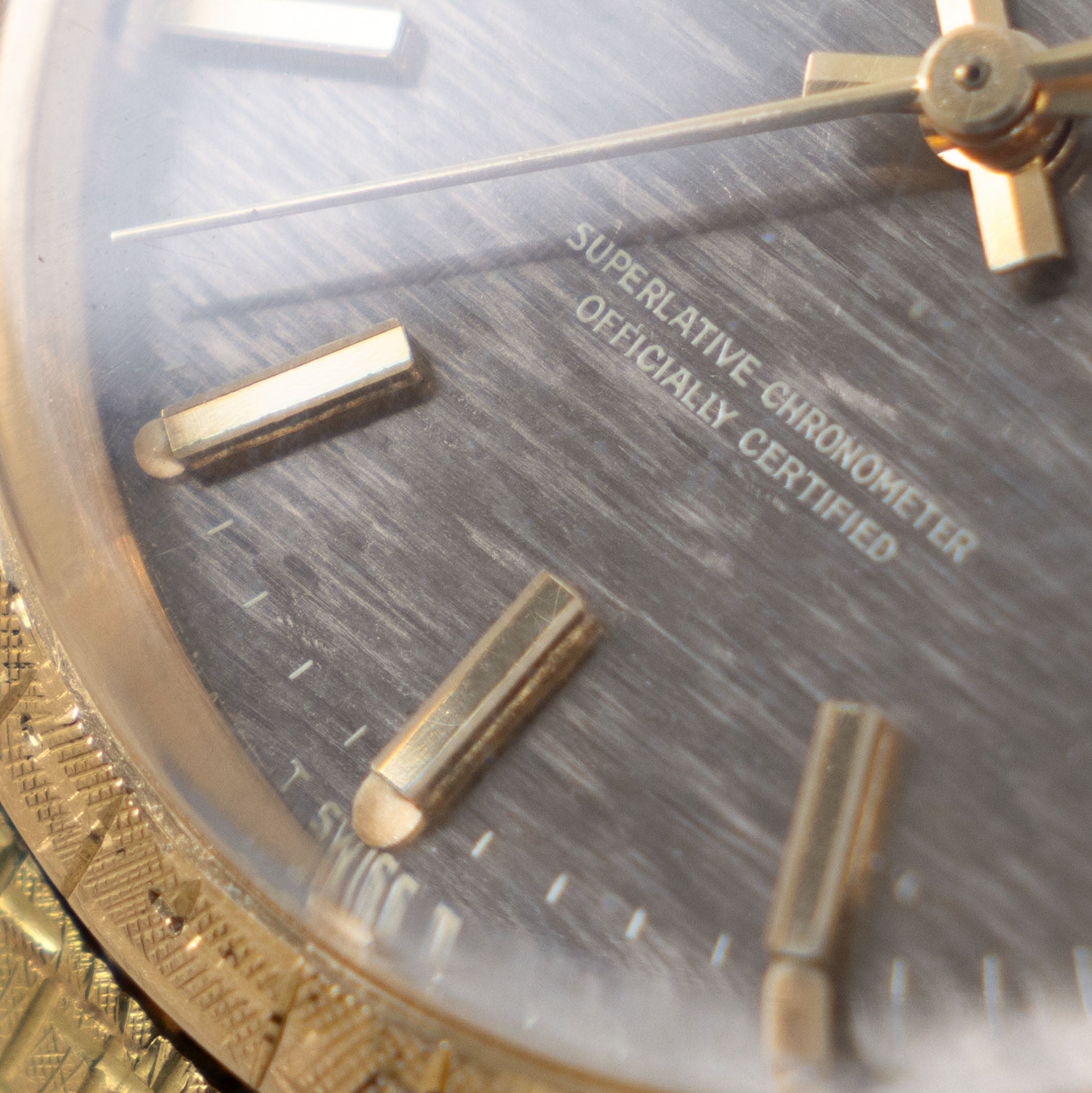 Rolex Oyster Perpetual Date grey brick dial Moreau finish with brick bracelet ref 1504 in 18 k yellow gold