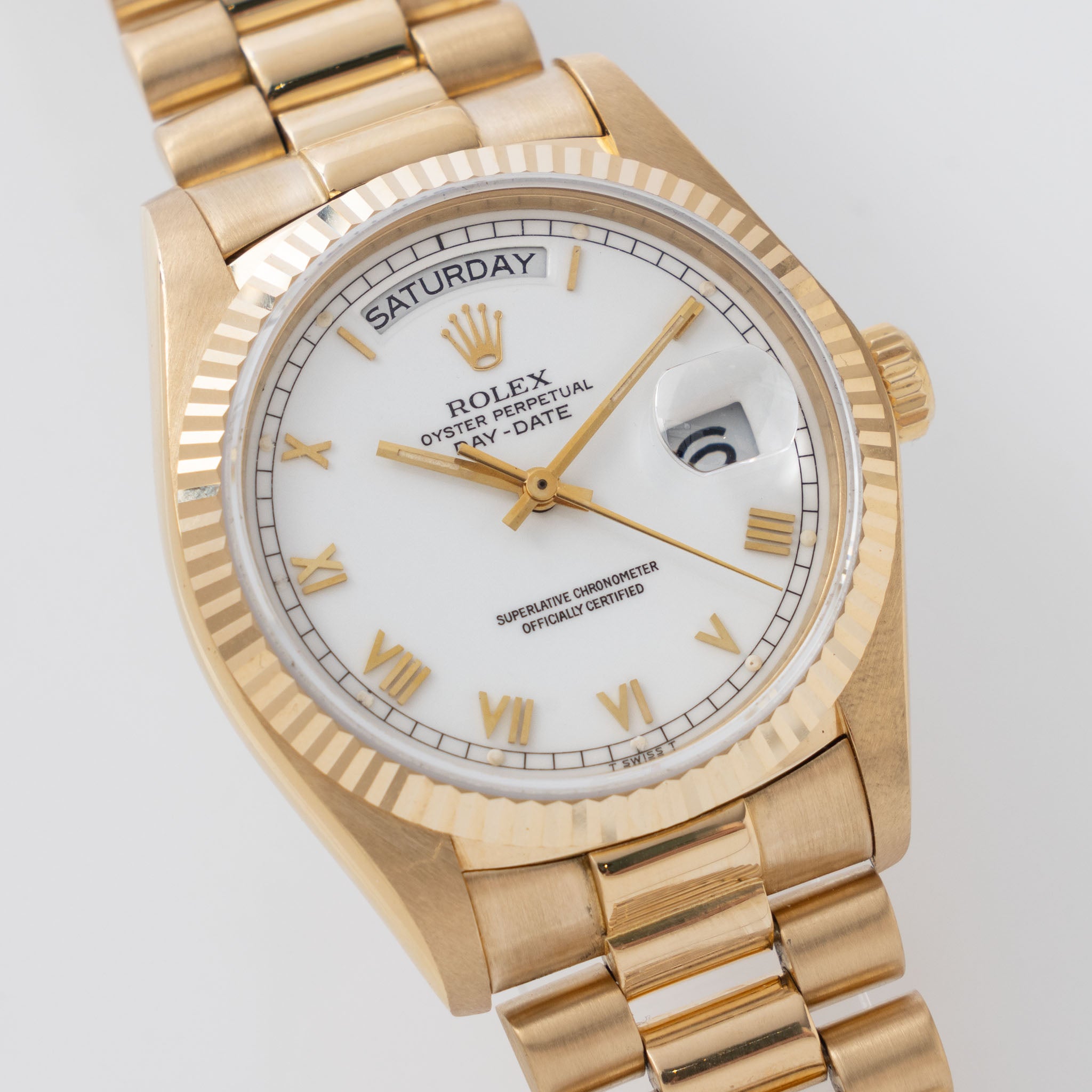Rolex Day-Date 18038 Porcelain Roman Dial in 18k Yellow Gold