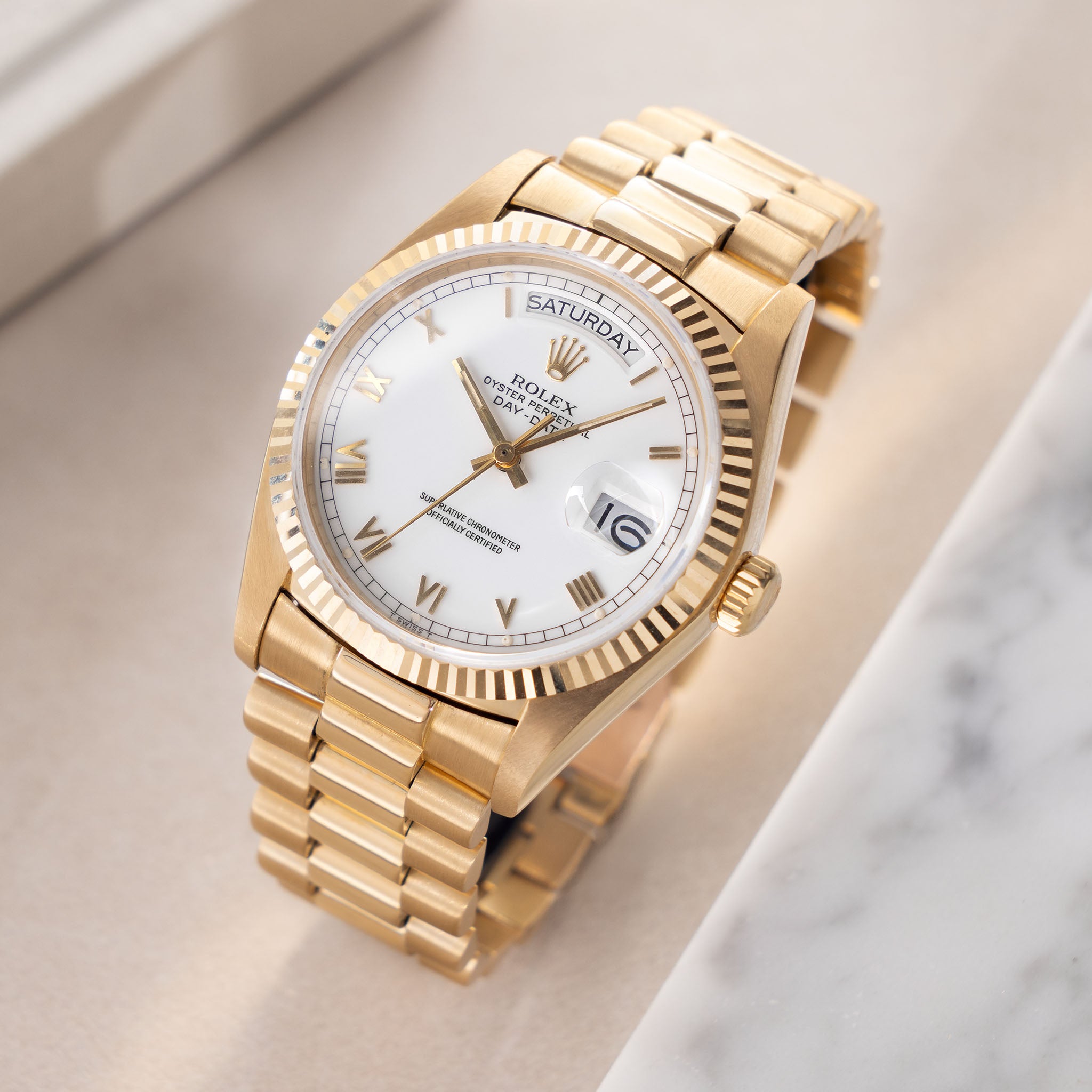 Rolex Day-Date 18038 Porcelain Roman Dial in 18k Yellow Gold