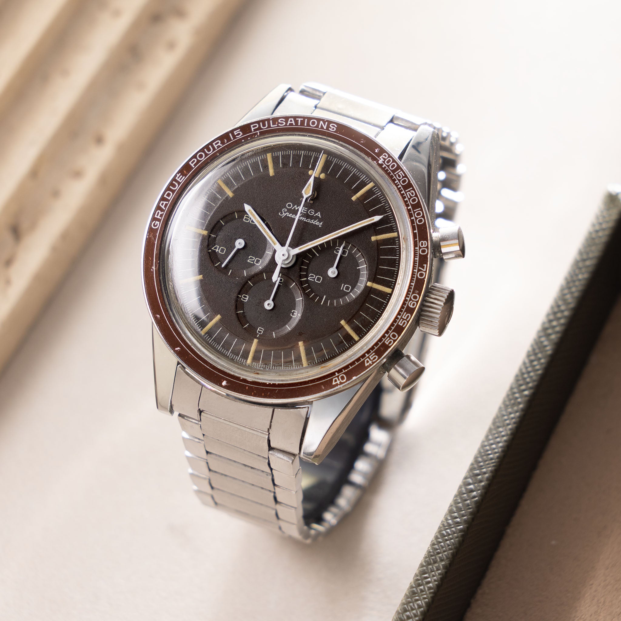 Omega Speedmaster 105.003 Ed White Tropical Brown Dial Pulsations Bezel with Extract of the Archives
