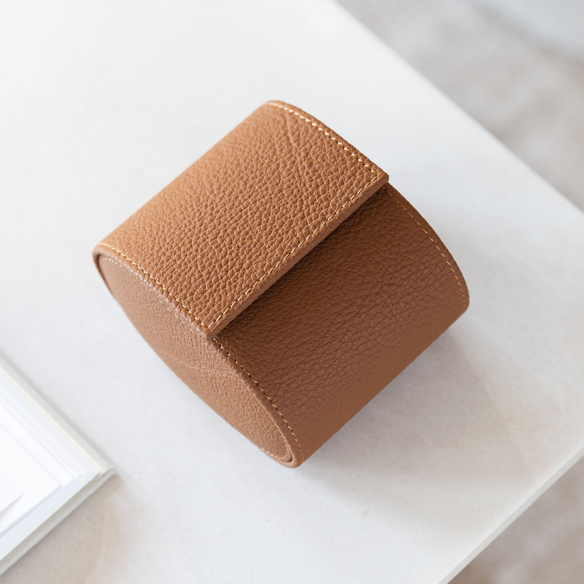 Oval Single Camel Brown Leather Watch Box