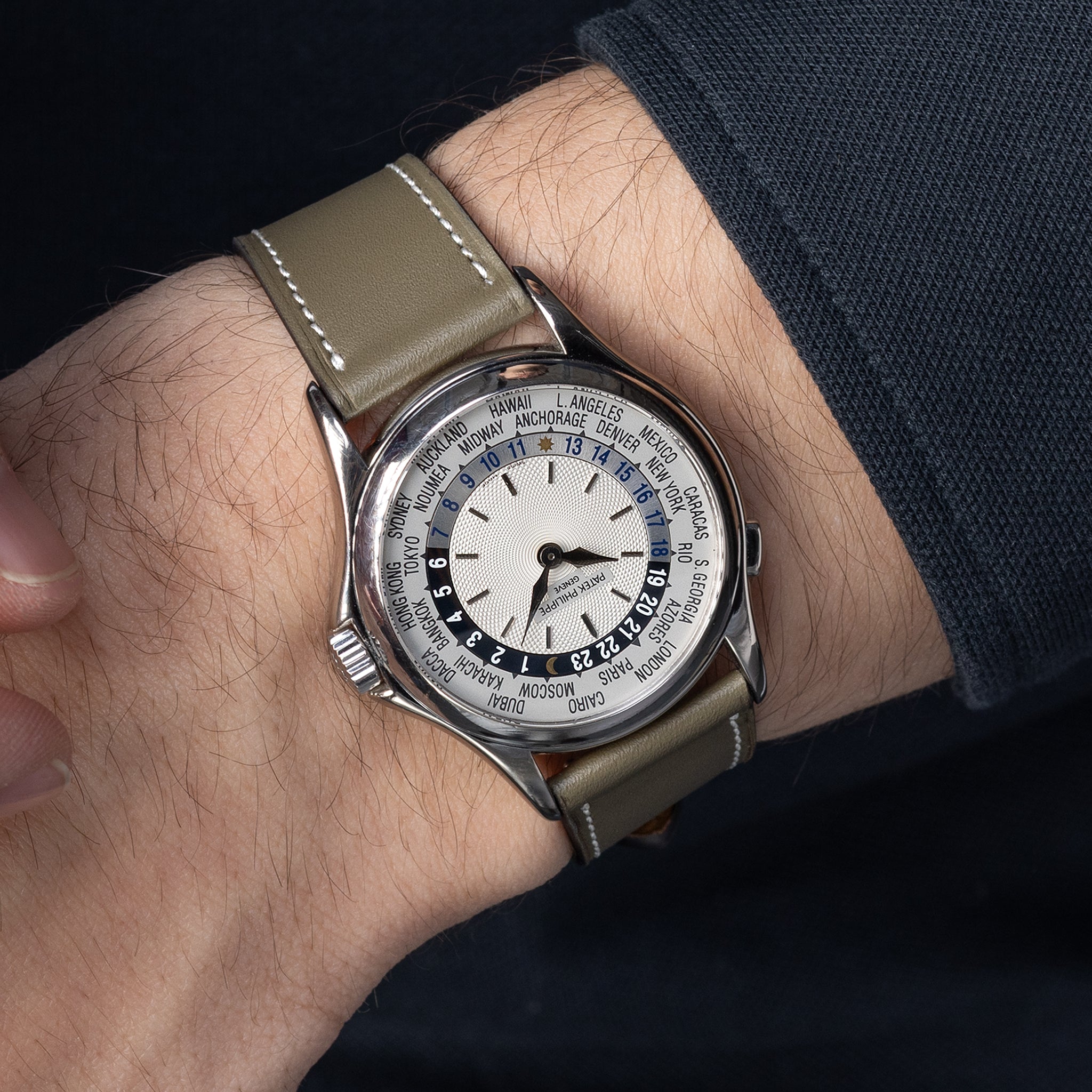 Olive Silk Calf Leather Watch Strap on Patek Philippe Worldtime 5110