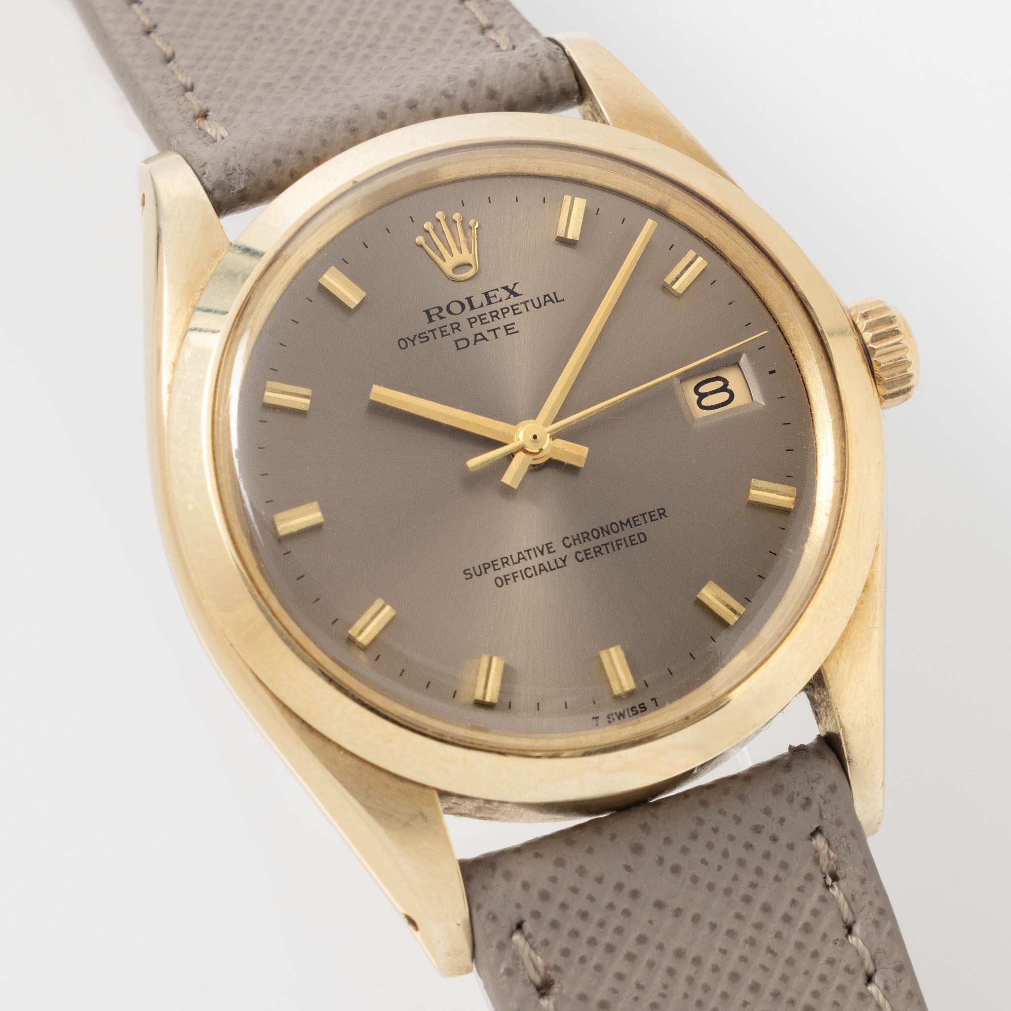 Rolex Date Grey Singer “test dial “ in 14 k Yellow Gold ref 1500 