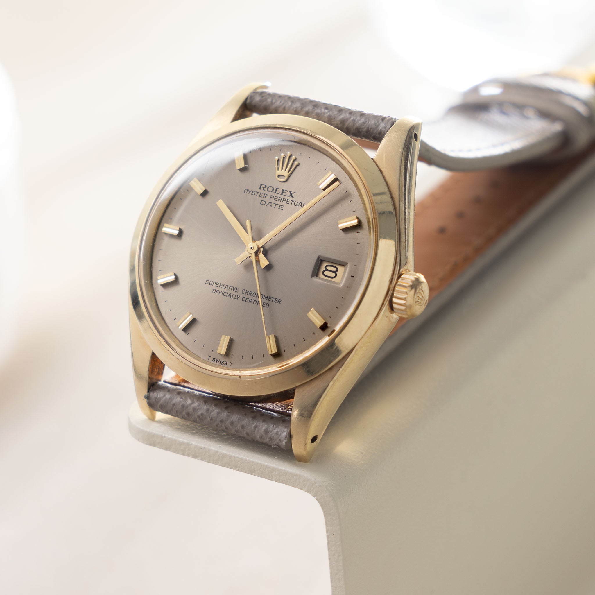 Rolex Date Grey Singer “test dial “ in 14 k Yellow Gold ref 1500 