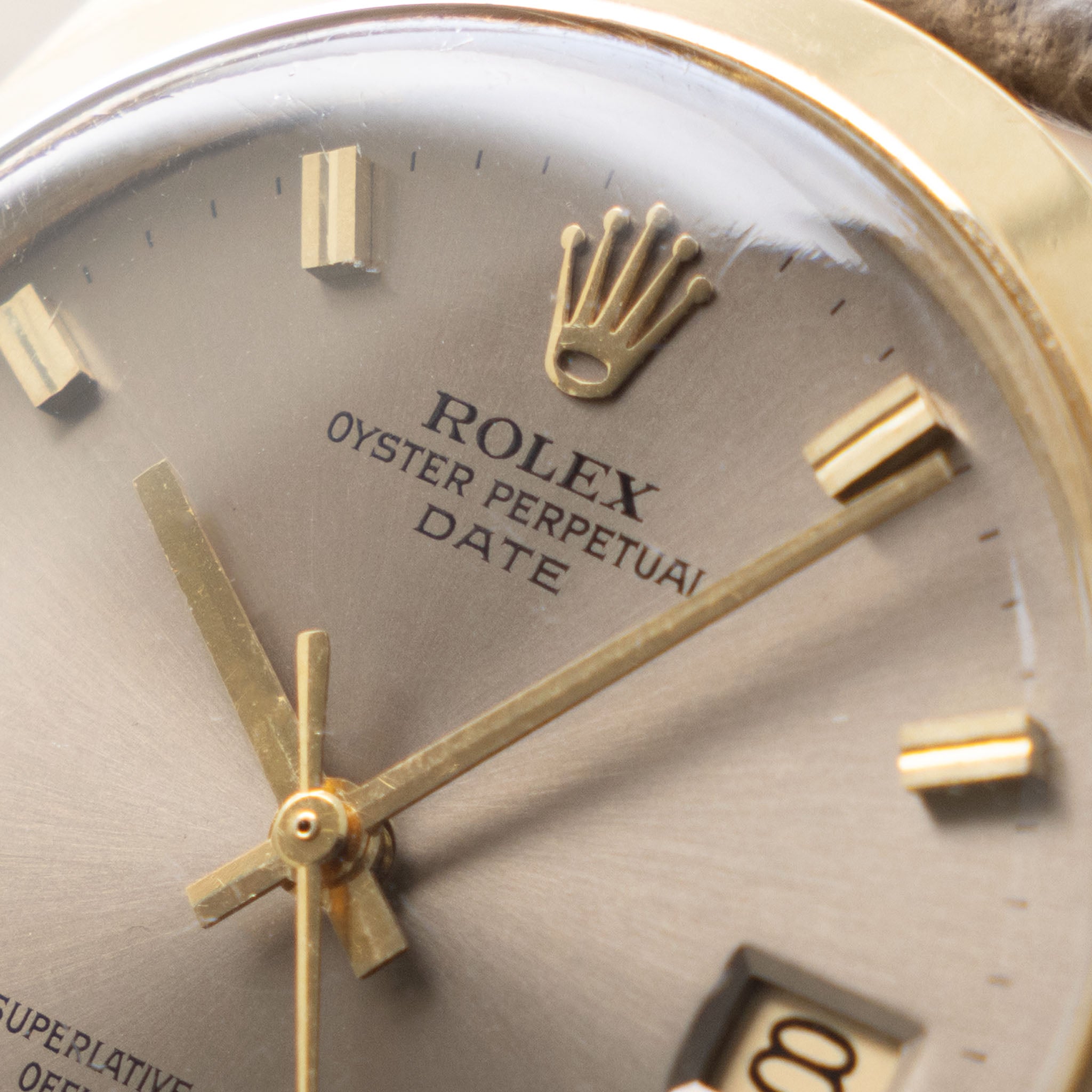 Rolex Date Grey Singer “test dial “ in 14 k Yellow Gold ref 1500 