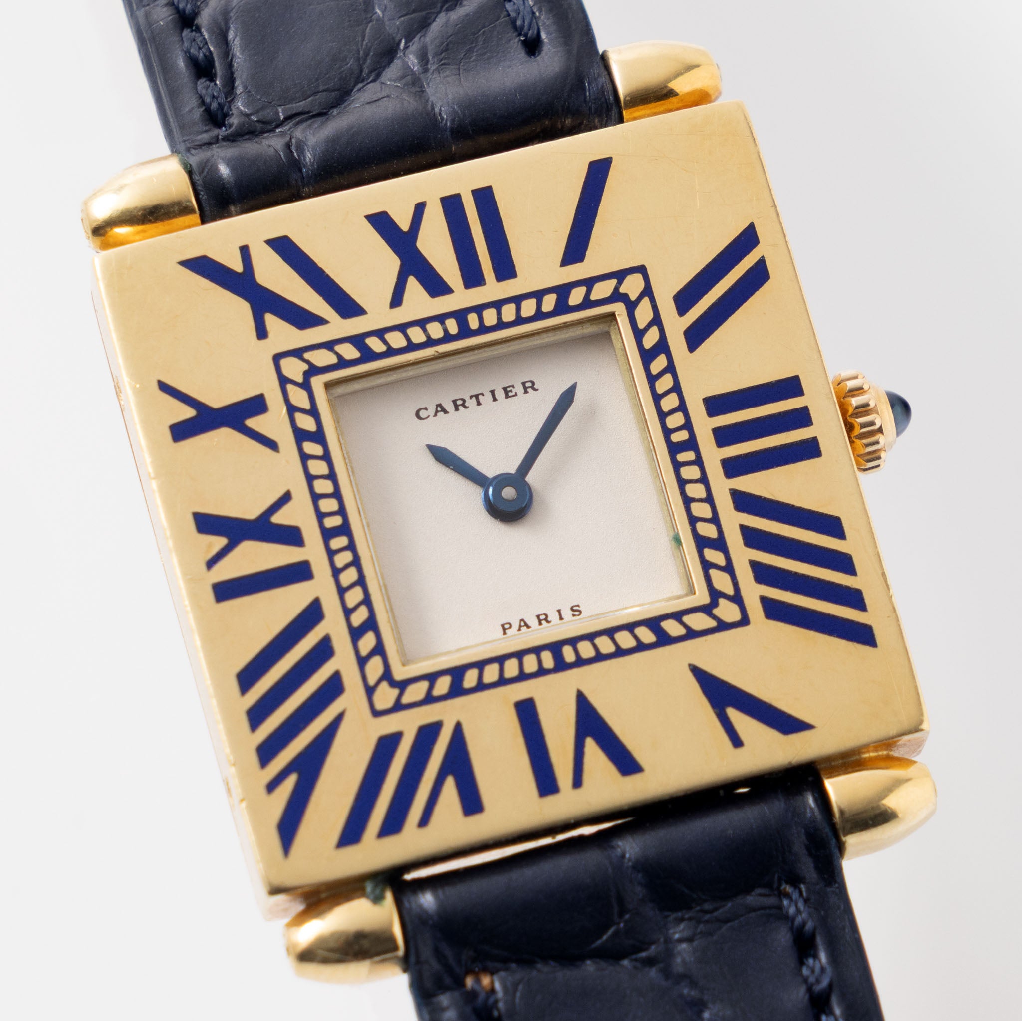 Cartier Obus Paris dial  in 18 k yellow gold Blue enamel numerals 