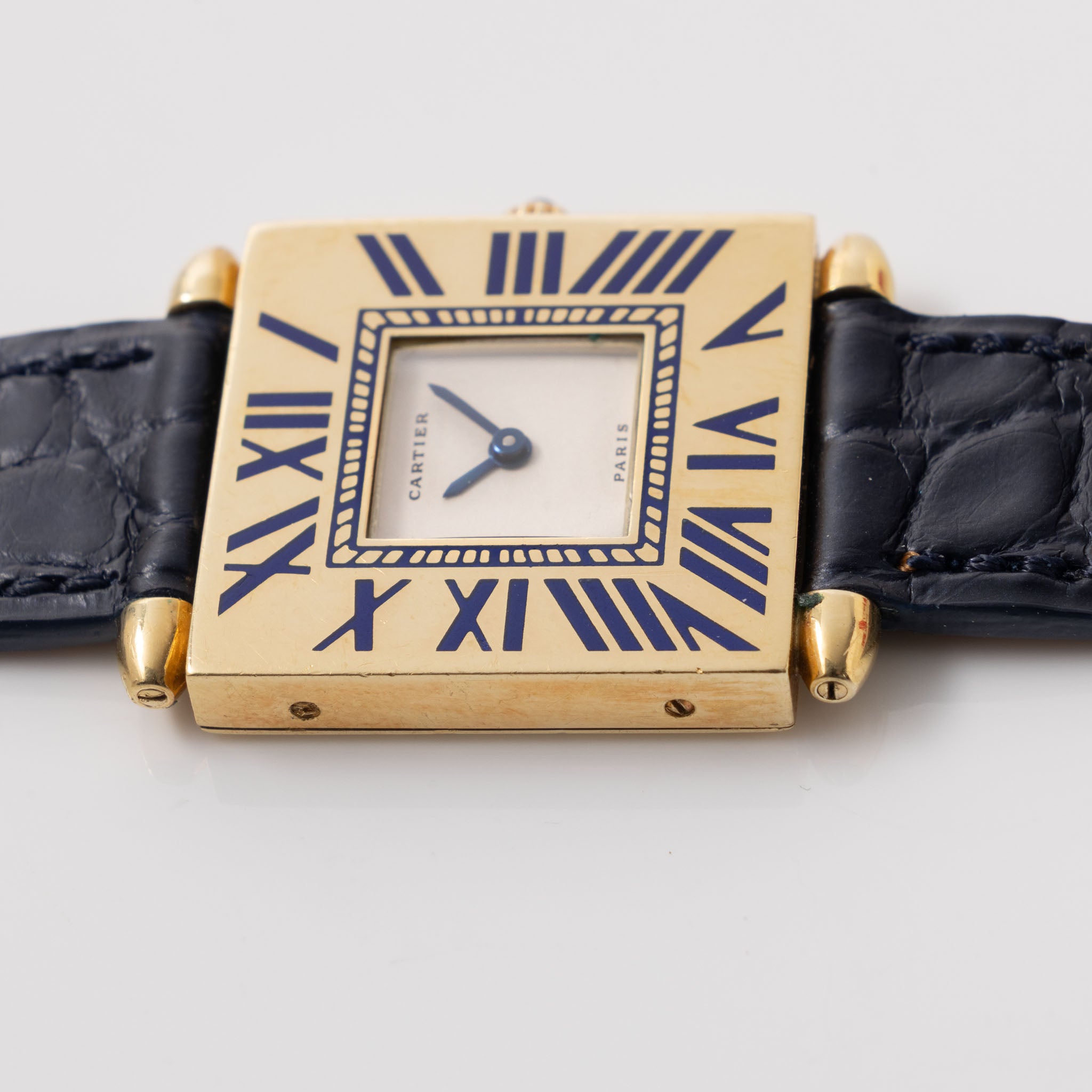 Cartier Obus Paris dial  in 18 k yellow gold Blue enamel numerals 