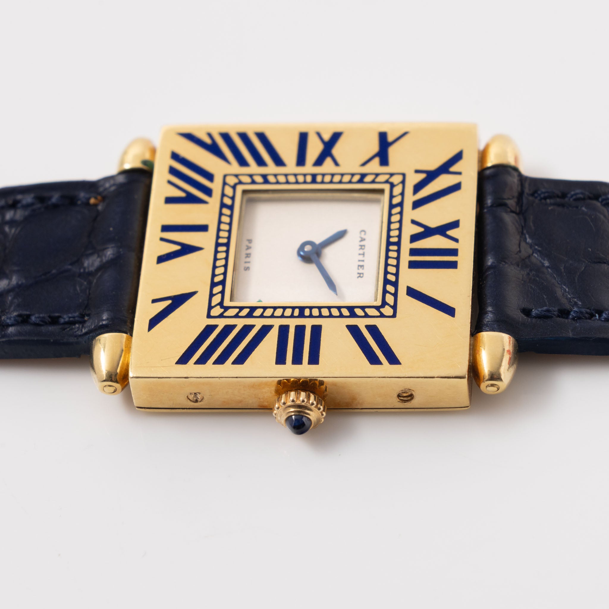 Cartier Obus Paris dial  in 18 k yellow gold Blue enamel numerals 
