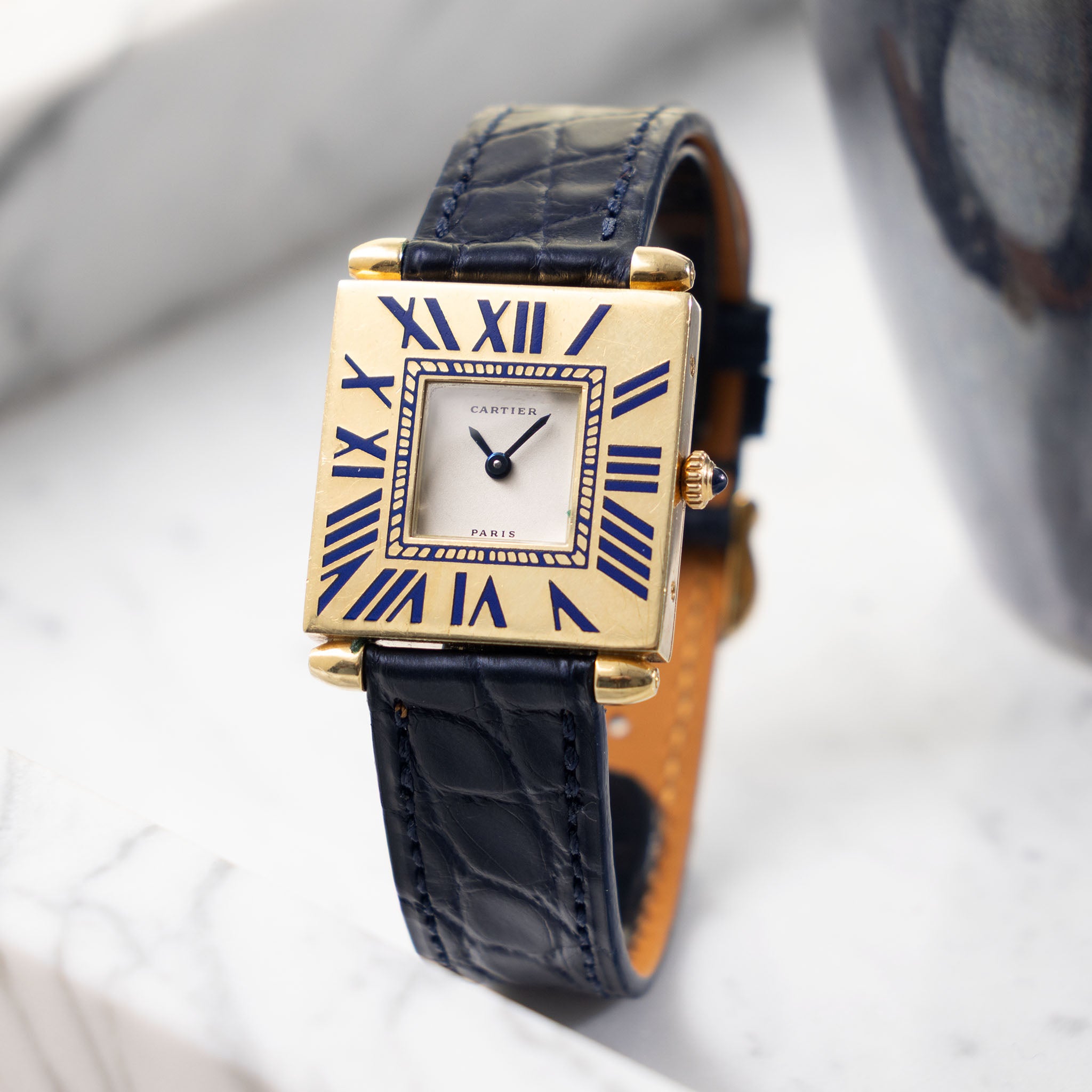 Cartier Obus Paris dial  in 18 k yellow gold Blue enamel numerals 