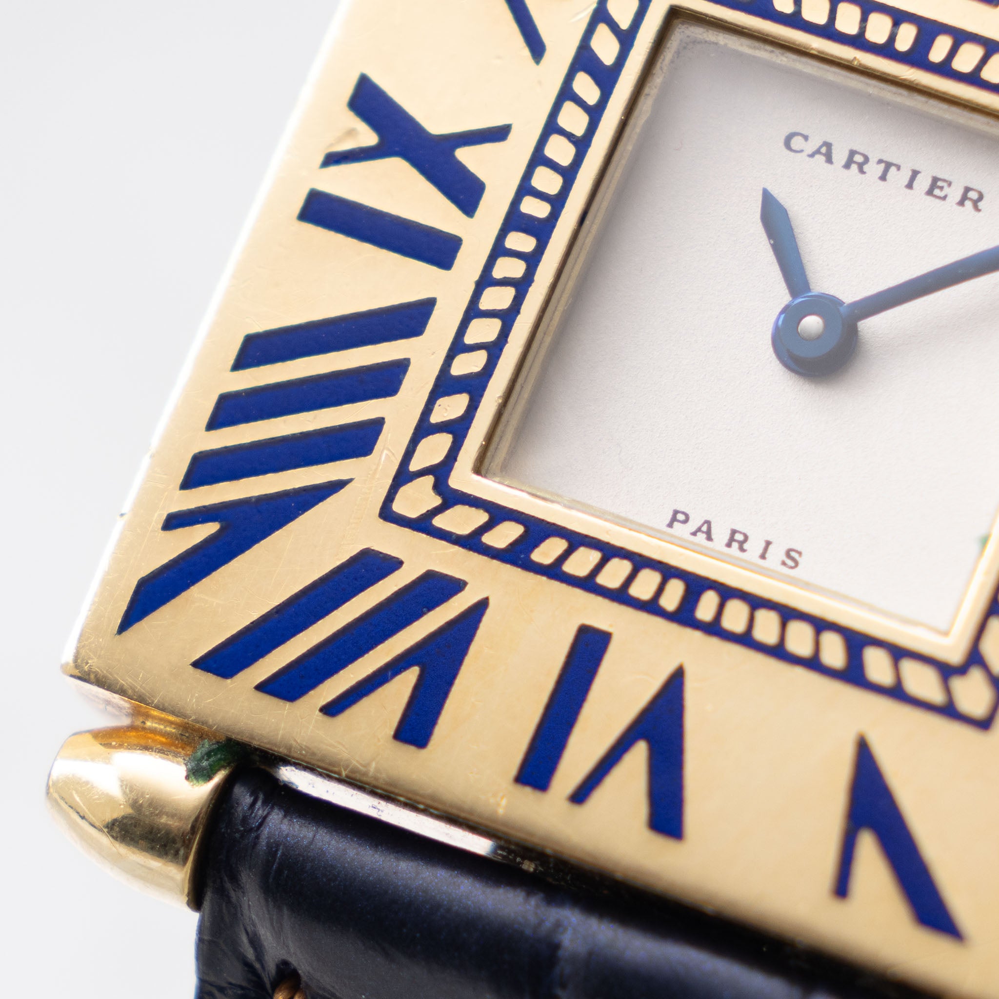 Cartier Obus Paris dial  in 18 k yellow gold Blue enamel numerals 