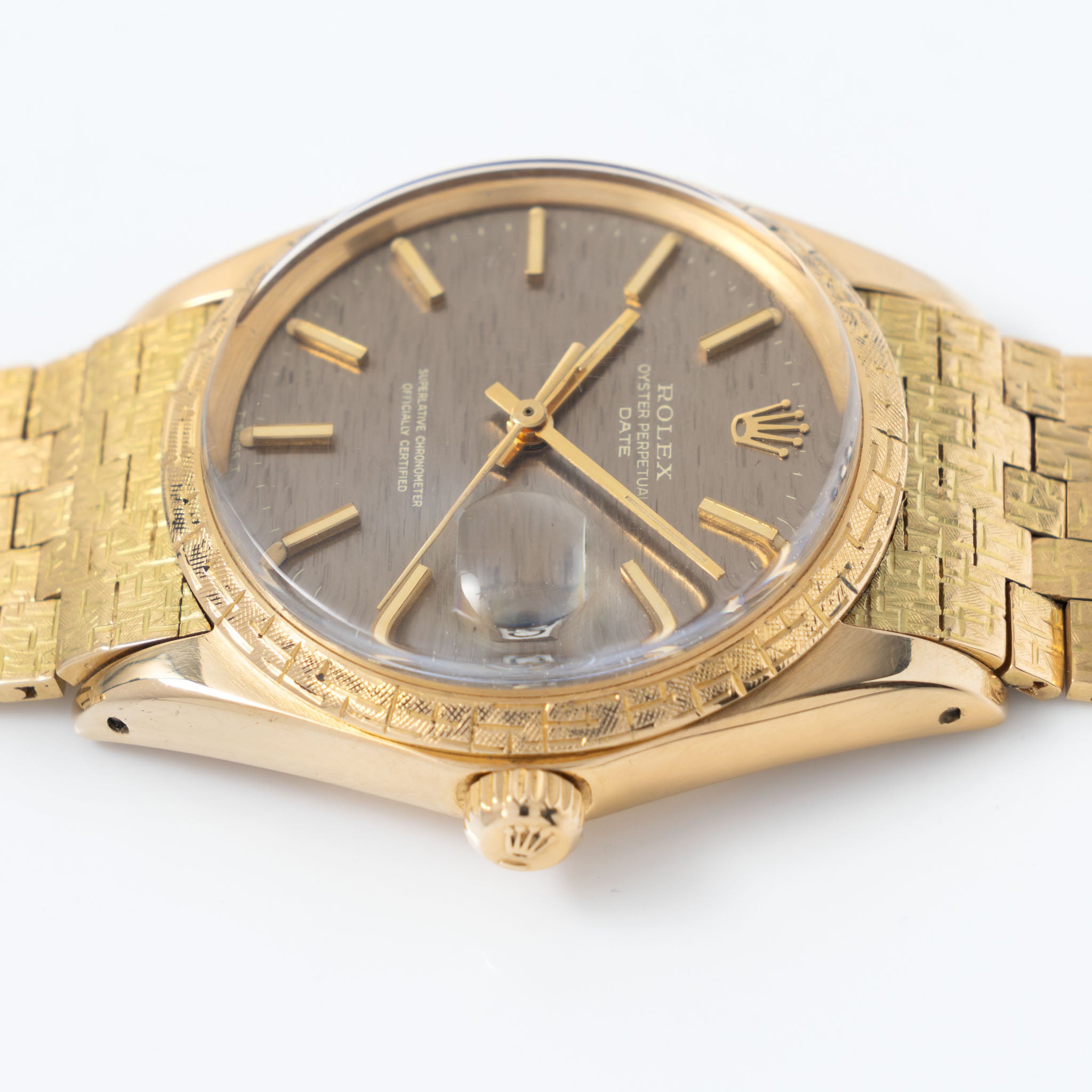Rolex Oyster Perpetual Date grey brick dial Moreau finish with brick bracelet ref 1504 in 18 k yellow gold