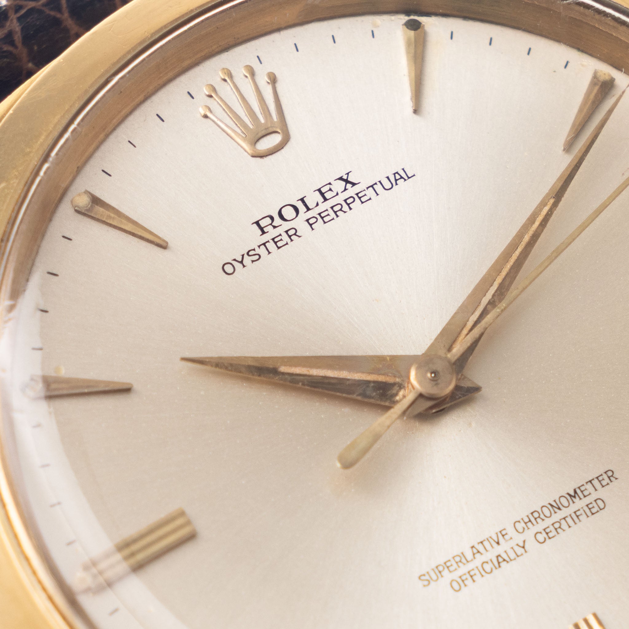 Rolex Oversized Oyster-Perpetual 1012 Silver Swiss Only Dial in 18k Yellow Gold