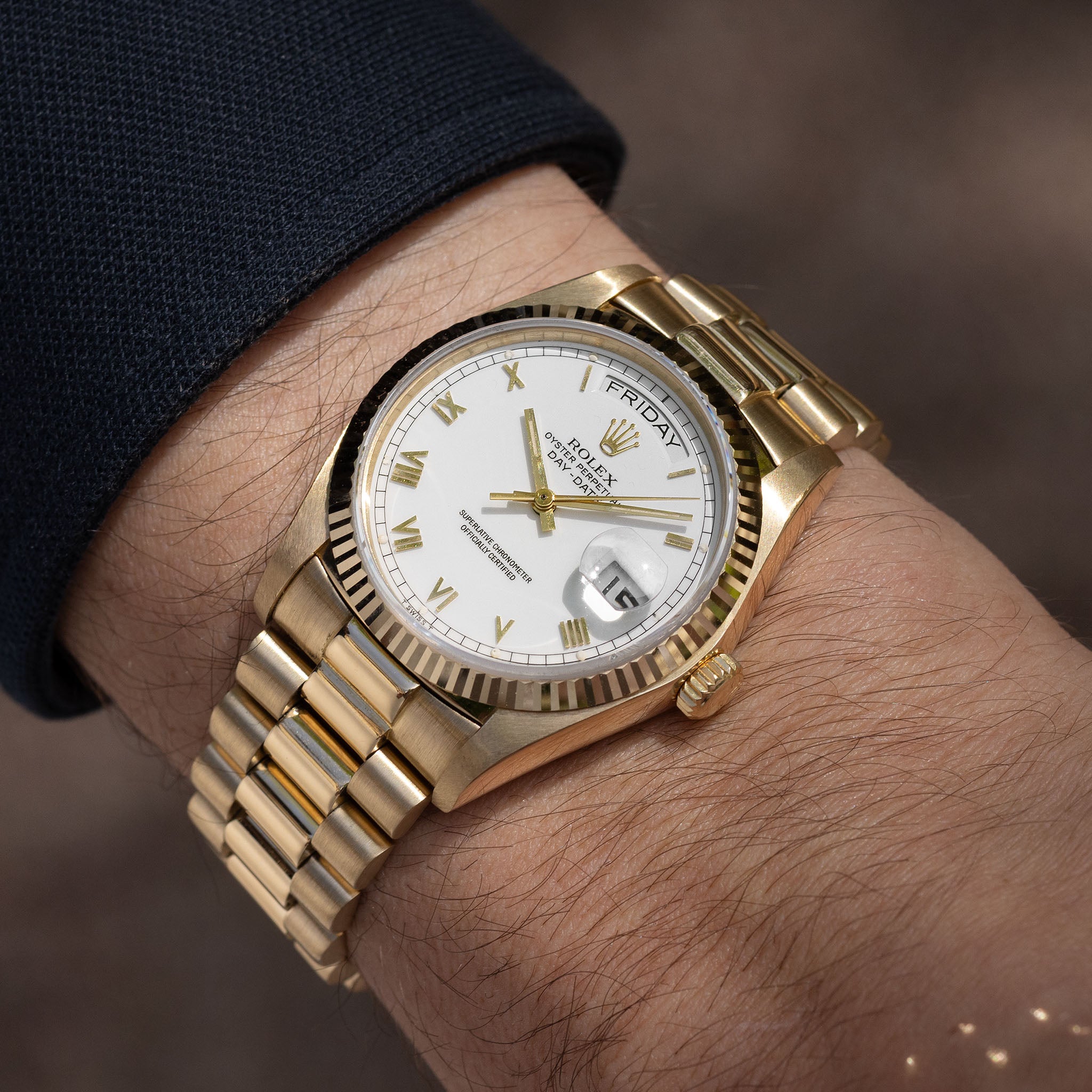Rolex Day-Date 18038 Porcelain Roman Dial in 18k Yellow Gold