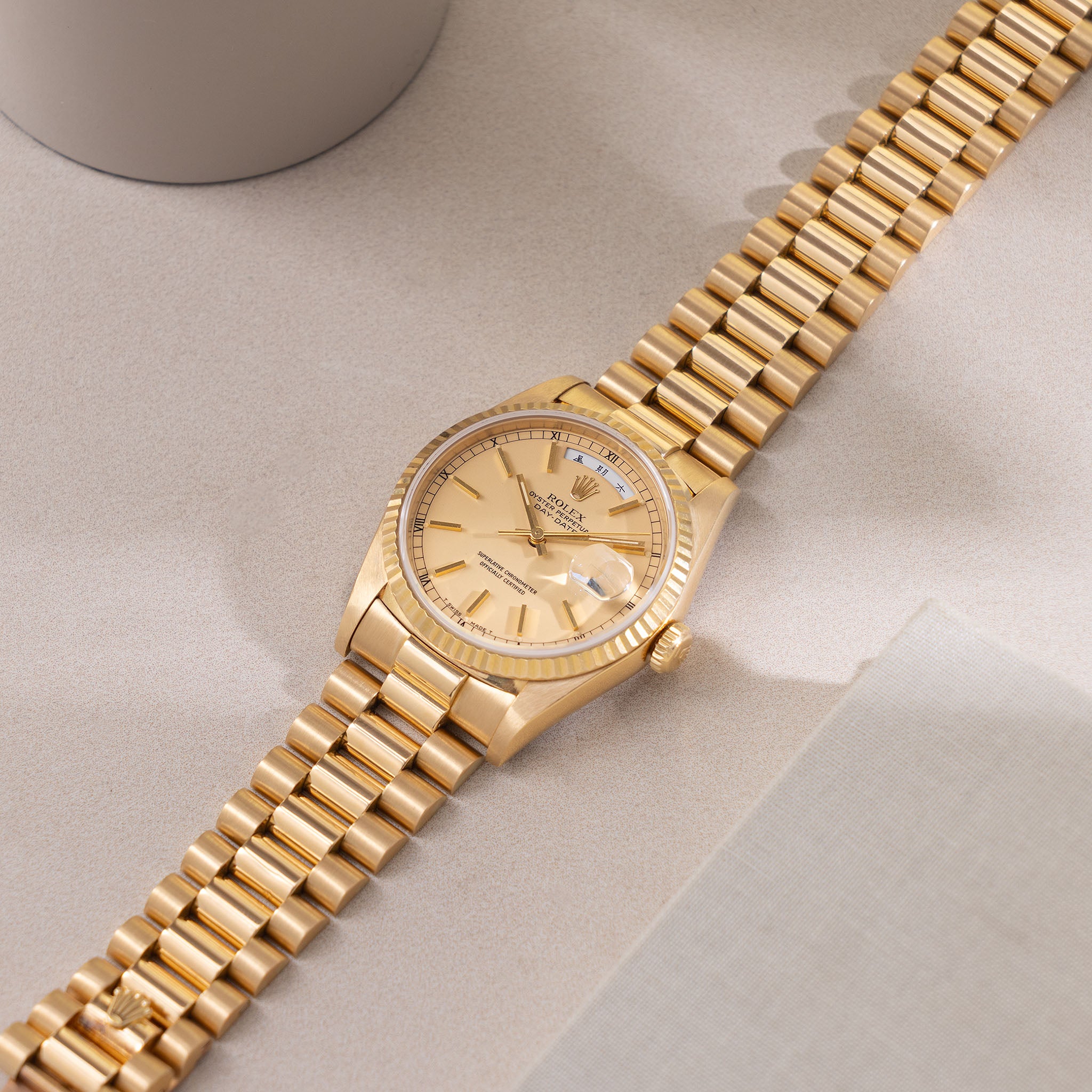Rolex Day-Date 18238 rare Apricot Stella Dial with Original Guarantee paper in 18k yellow