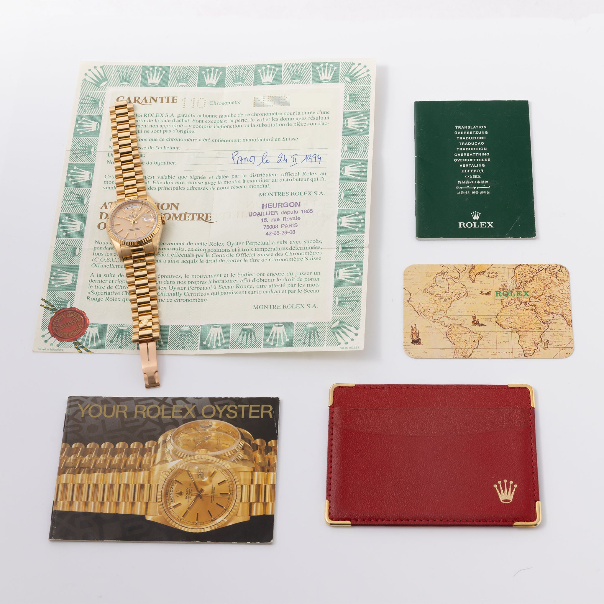 Rolex Day-Date 18238 rare Apricot Stella Dial with Original Guarantee paper in 18k yellow