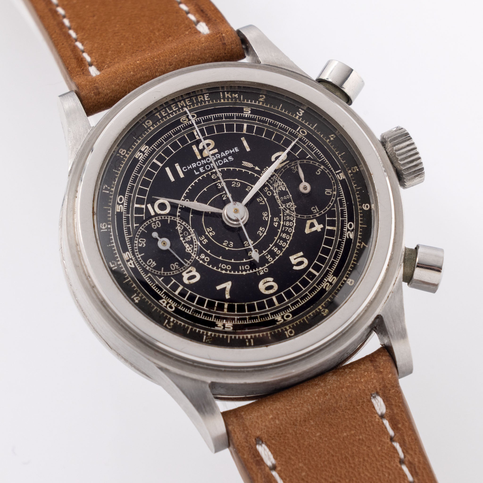 Leonidas Oversized Steel Step Case Millitary Style Chronograph Black Dial Valjoux 22