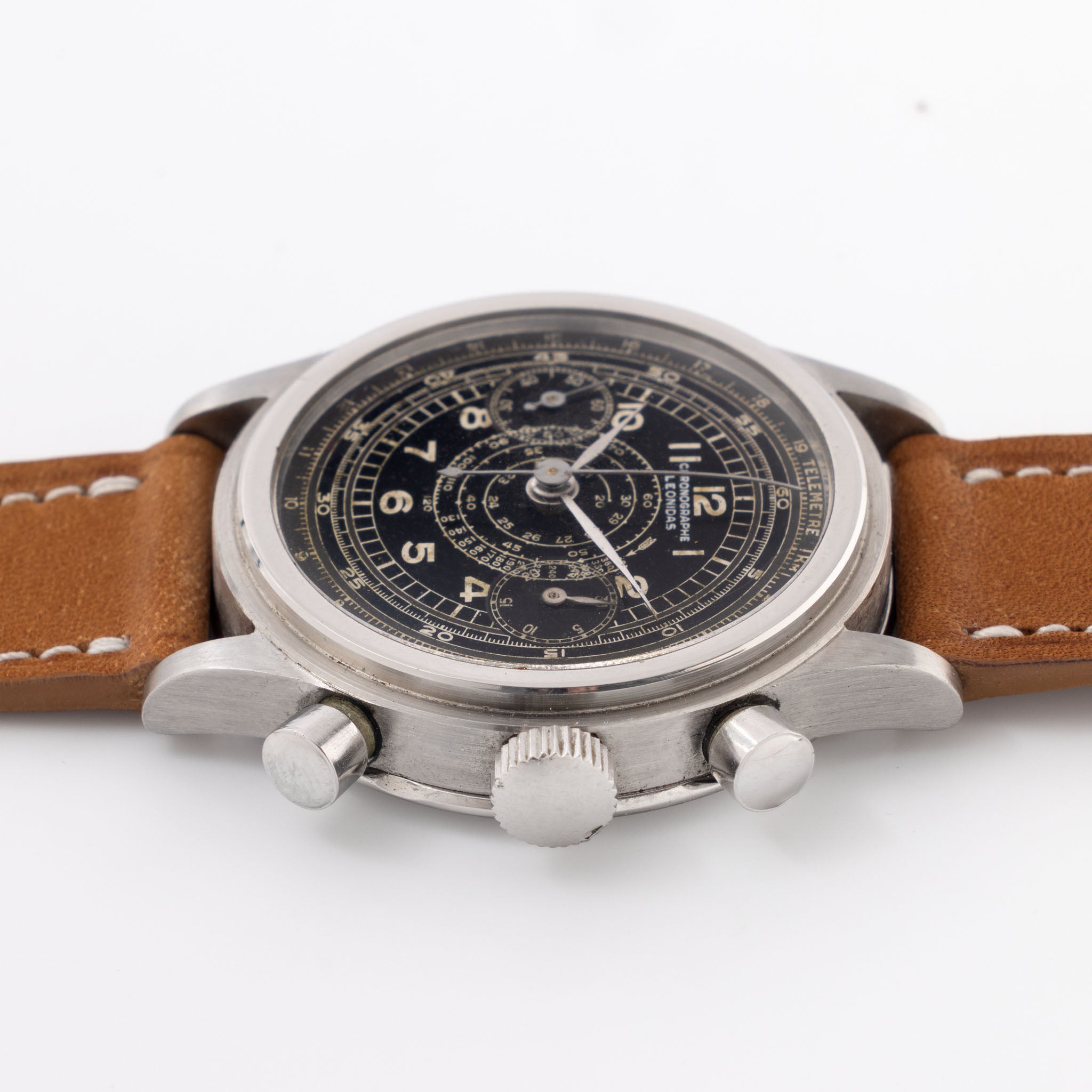Leonidas Oversized Steel Step Case Millitary Style Chronograph Black Dial Valjoux 22