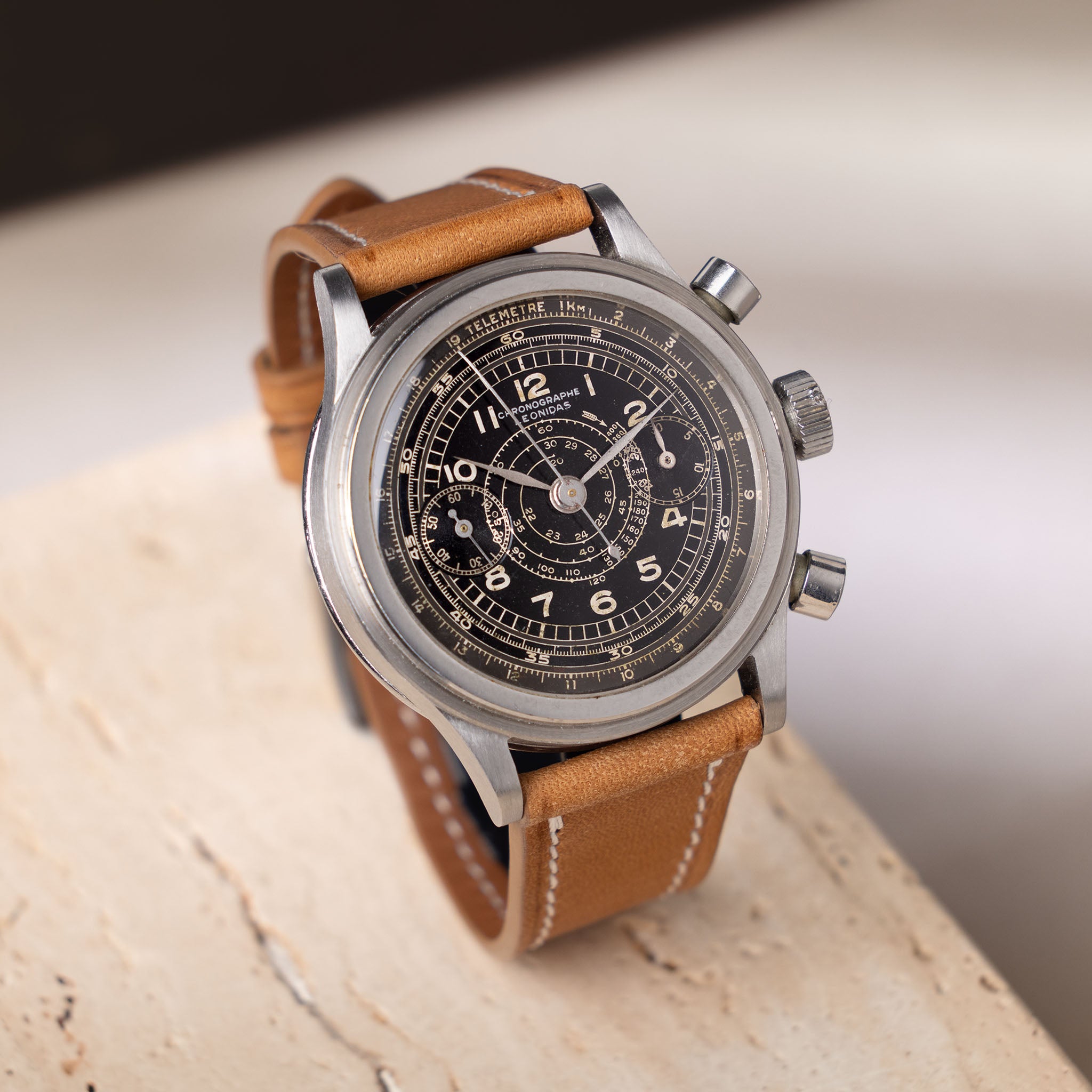Leonidas Oversized Steel Step Case Millitary Style Chronograph Black Dial Valjoux 22