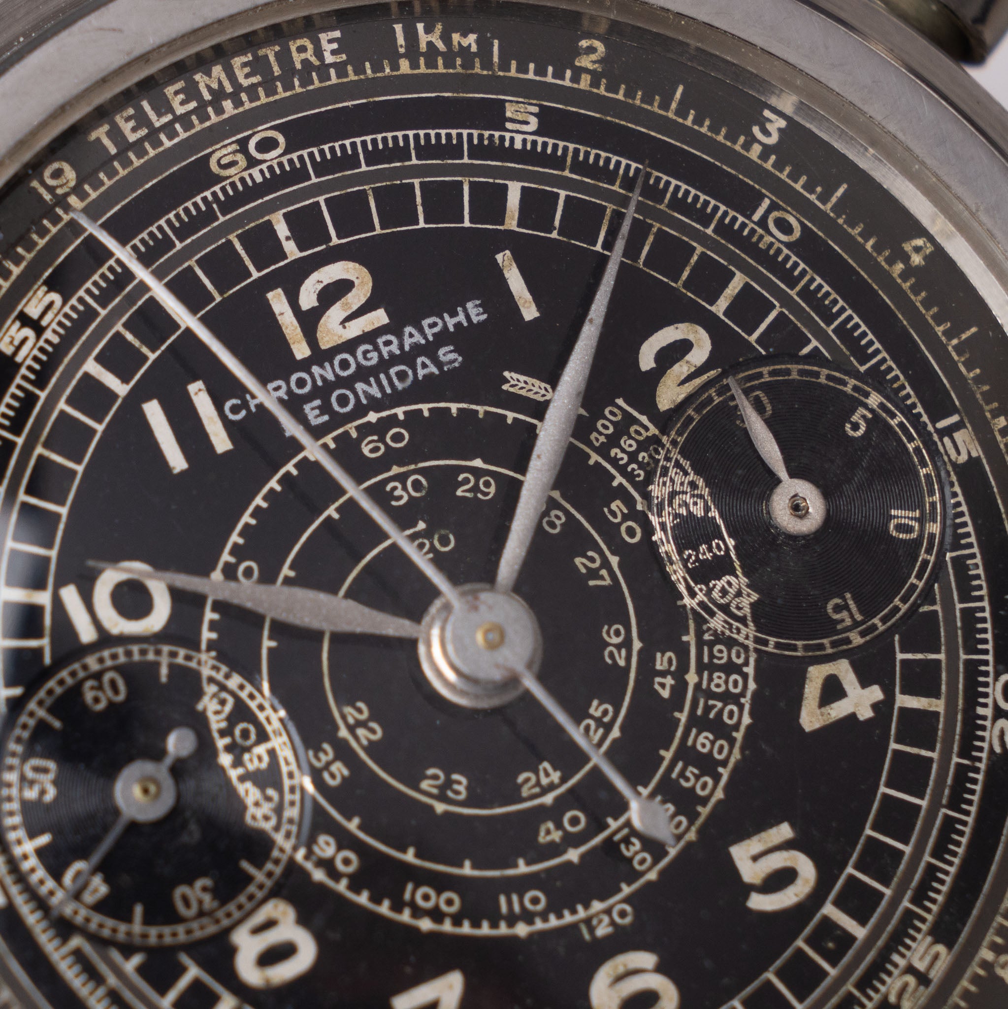Leonidas Oversized Steel Step Case Millitary Style Chronograph Black Dial Valjoux 22
