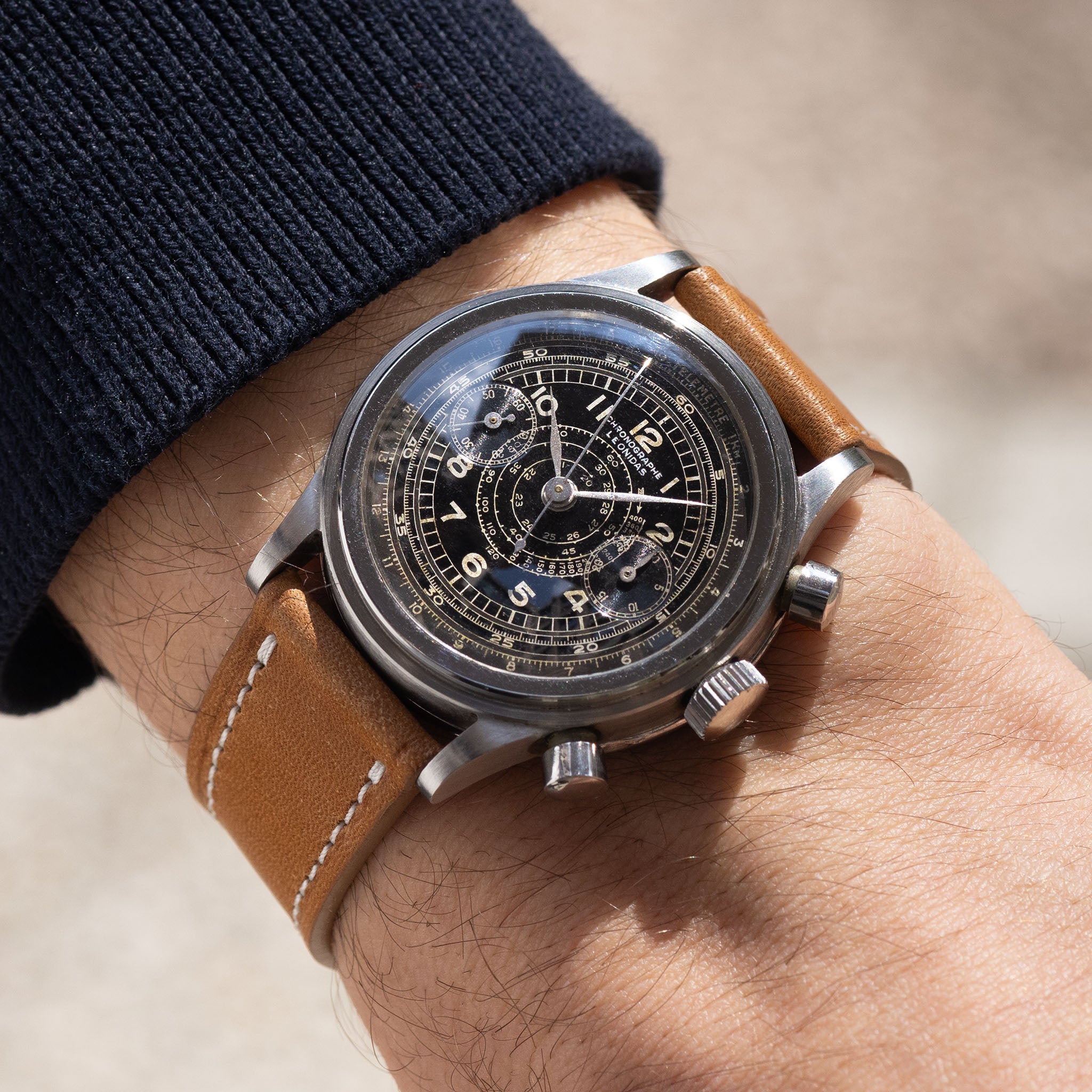 Leonidas Oversized Steel Step Case Millitary Style Chronograph Black Dial Valjoux 22