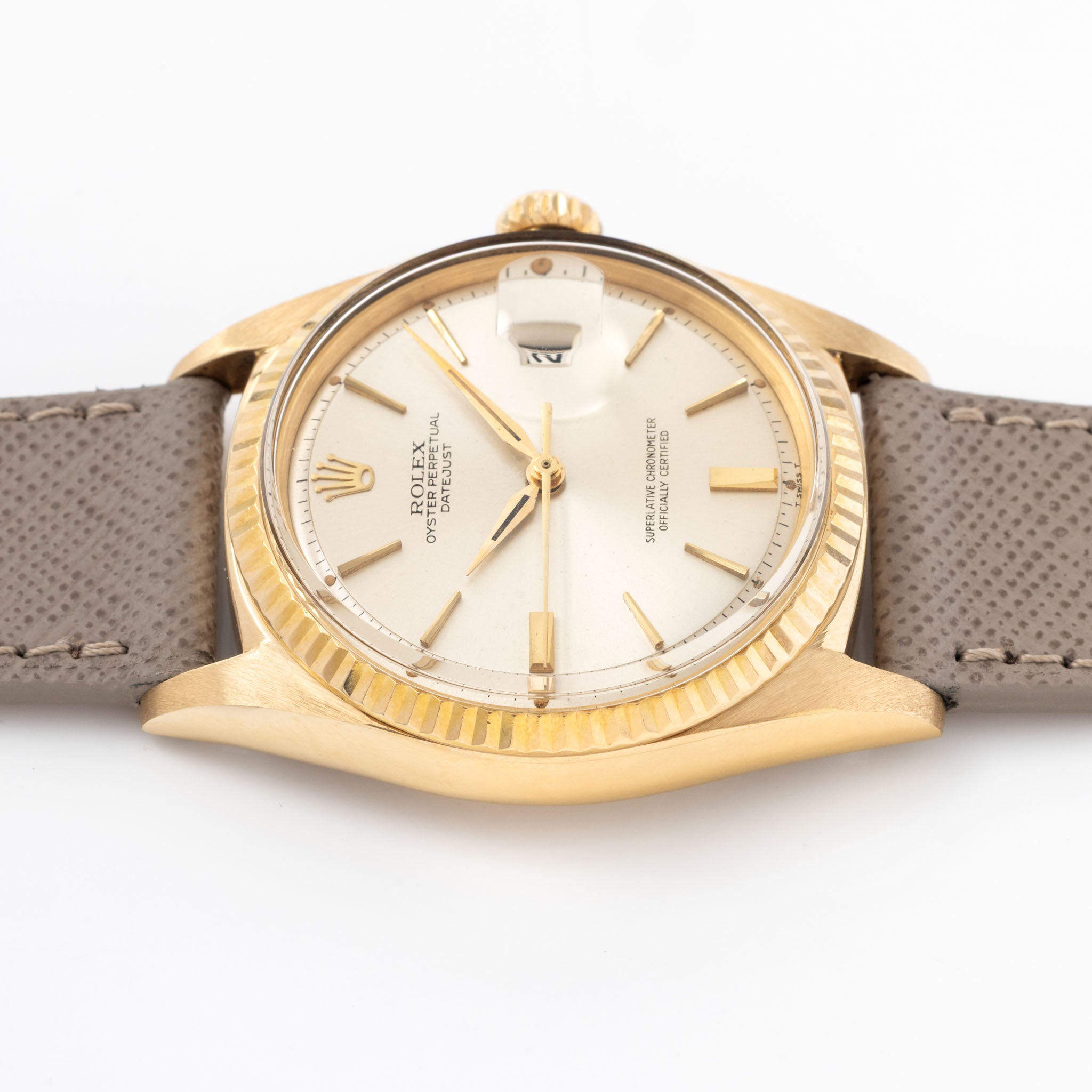 Rolex Datejust 1601/8 Doorstop Silver Soleil Dial in 18k Yellow Gold